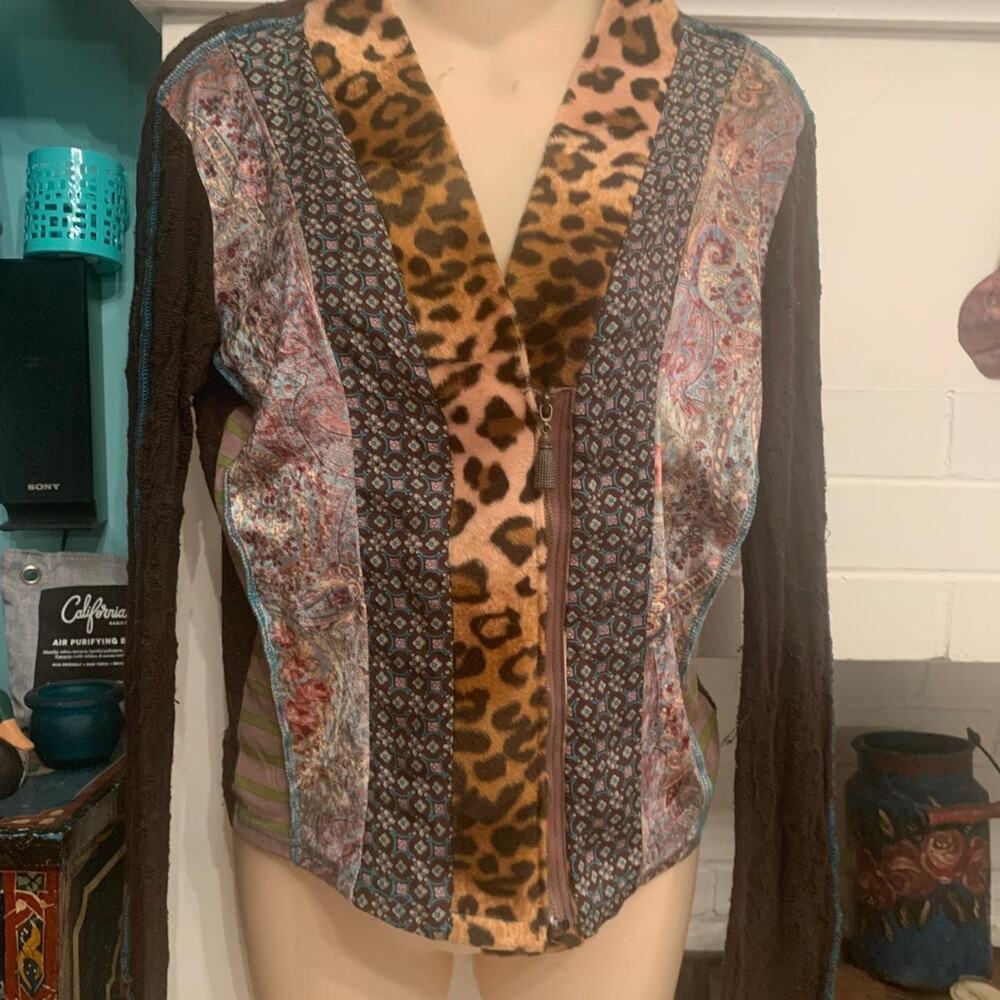 VINTAGE PATCHWORK ANIMAL PRINT SILK CARDIGAN SWEATER PARIS